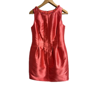 COAST coral hot pink, beaded collar sleeveless dress w/box pleat waist. Size 6